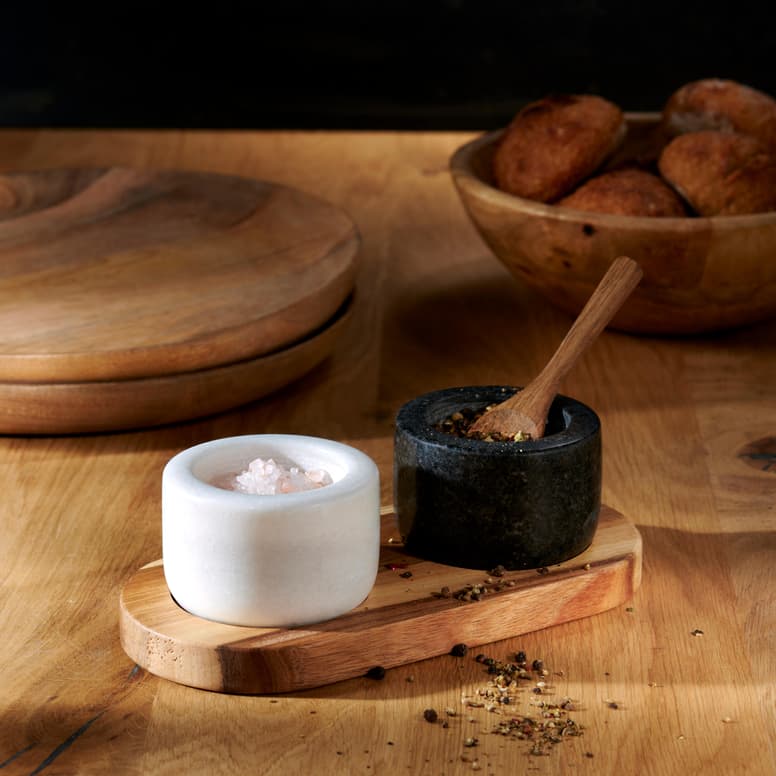 MARBLE Pot à poivre/sel avec cuillère et support noir, blanc, naturel H 6,5 x Larg. 19 x P 11 cm