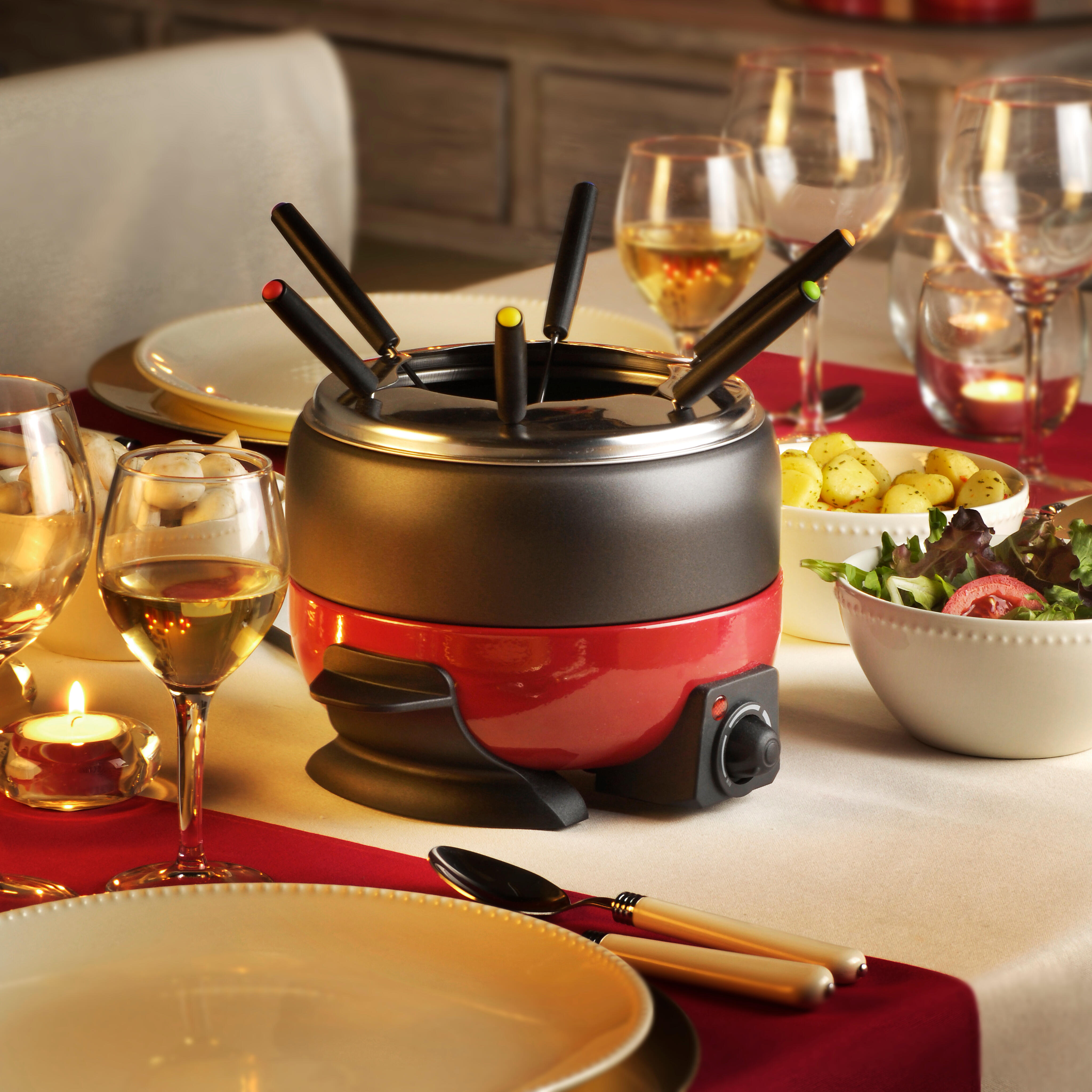 DINNER Set di fonduta con 6 forchette nero, rosso H 26,2 cm - Ø 20