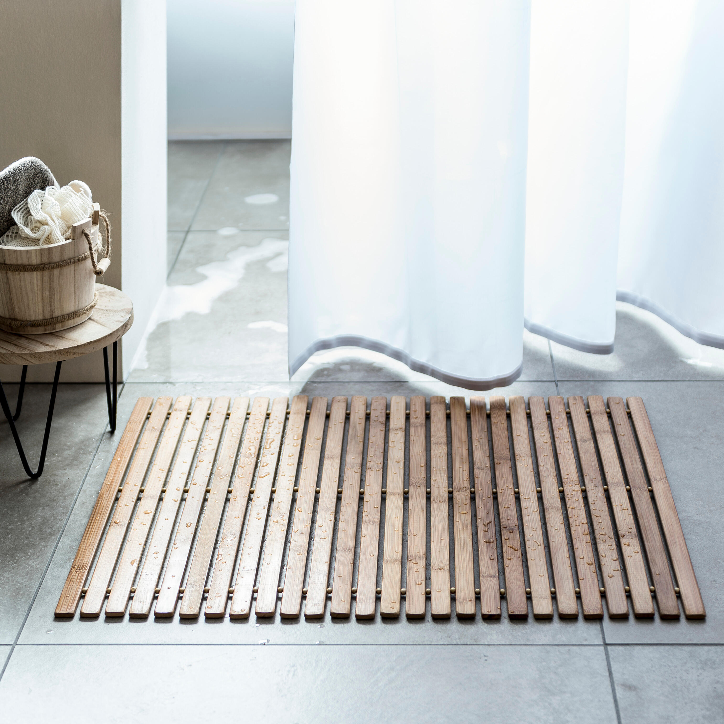 Alfombra de baño de bambú, alfombra larga y grande, impermeable,  antideslizante, accesorios de 16 x 48 pulgadas, fácil de limpiar, marrón, 1  unidad