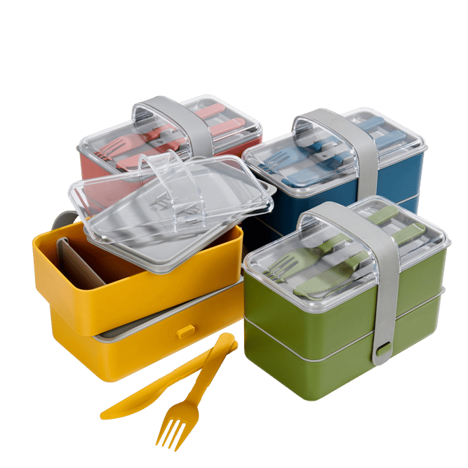 LUNCHTIME Lunchbox met bestek 4 kleuren groen, blauw, oker, terracotta H 13,5 x B 17 x D 10 cm