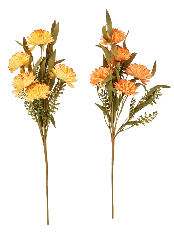 CHRYSANTHEMUM  Branche de fleurs 2 couleurs orange, jaune, vert Long. 60 cm