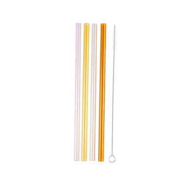 COLOR SUNNY Rietjes set van 4 met reinigingsborstel oranje, geel, transparant, roze L 20 cm